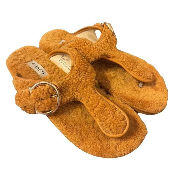 Coach Shoes - Coach Hollie Shearling Orange Flip Flops Gold Buckle 9B